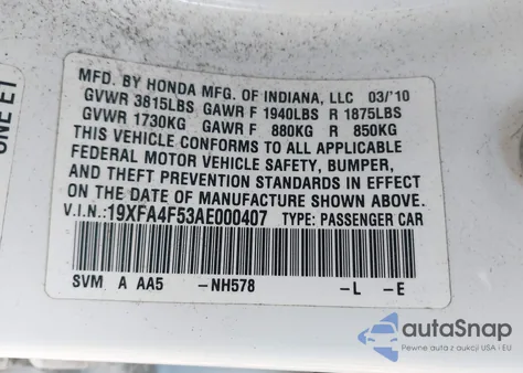 2010 Honda Civic Gx z USA, uszkodzony, nr VIN 19XFA4F53AE000407